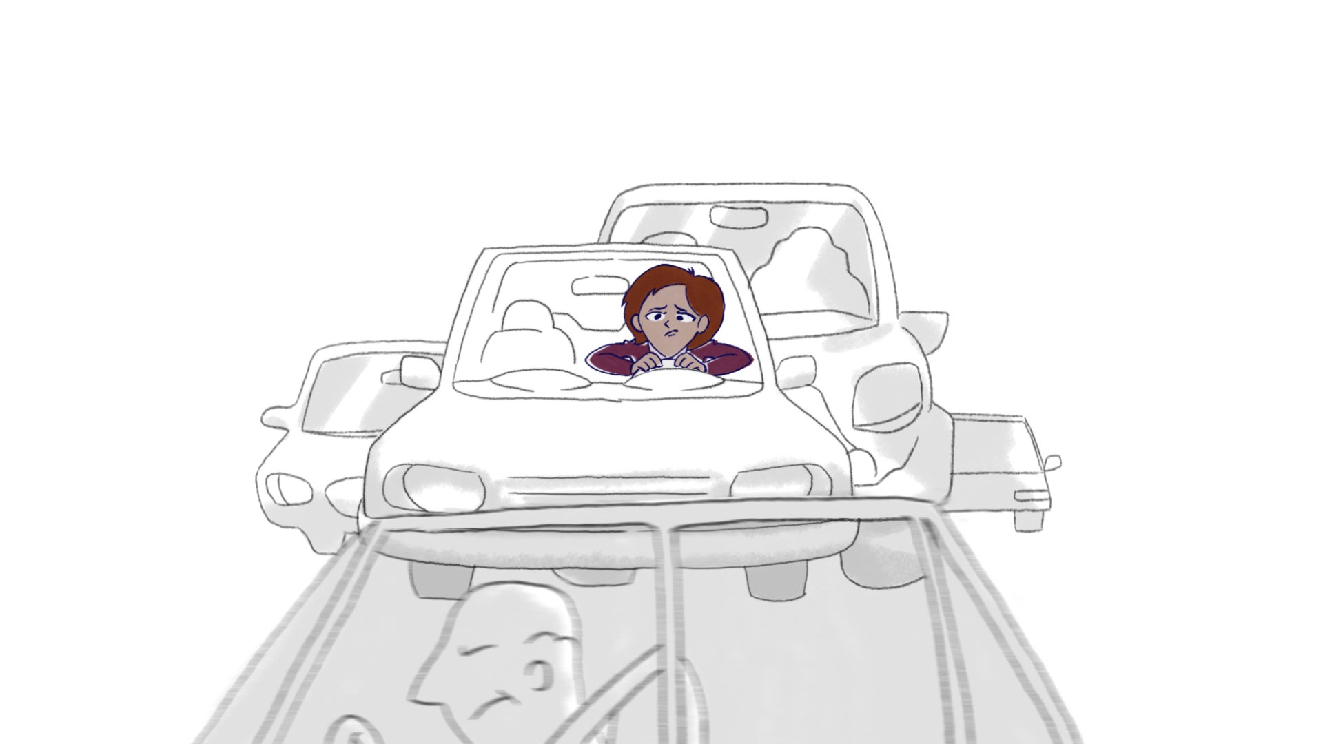 Cartoon woman frustrated driving in traffic
